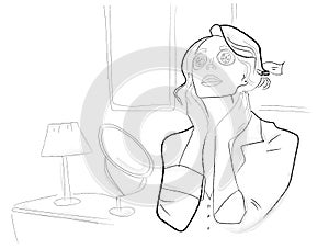 Woman having skin care at home, with eye patches Vector. Line art storyboards