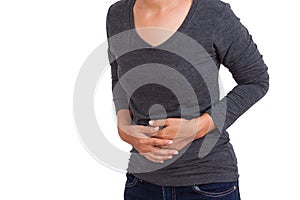 woman having stomach pain.