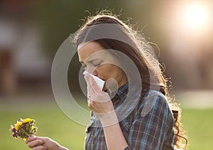 Woman having symptoms of spring pollen allergy