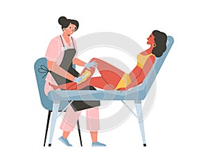 Woman having waxing procedure in professional beauty salon, flat vector illustration isolated on white background.