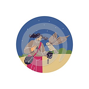 Woman with hawking glove holding falcon on nature landscape, falcon training with equipment, Falconry vector in round