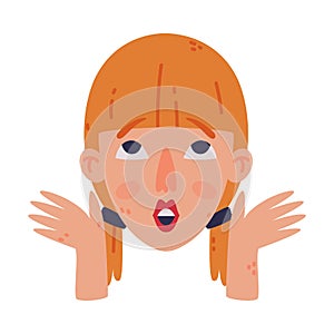 Woman Head and Face with Emotion and Hand Gesture Vector Illustration