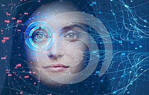 Woman head, face recognition technology and HUD