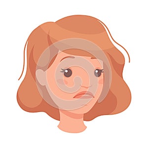 Woman Head with Short Brown Hair Showing Sad Face Expression and Emotion of Unhappiness Half-turned Vector Illustration