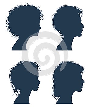 Woman head vector silhouettes, female face profiles, girl modern hairstyle