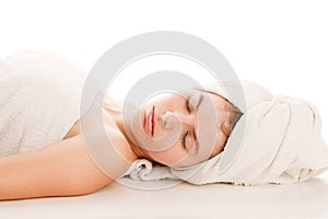 Woman with head wrapped towel