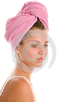 Woman with head wrapped towel