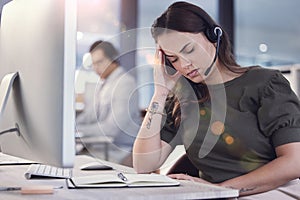 Woman, headache and burnout with call center, crm and anxiety for 404 mistake or glitch. Customer service agent, headset