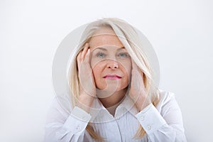 Woman Headache isolated. Menopause. Middle aged woman