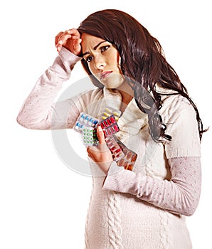 Woman with headache take pills and tablets.