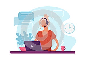 Woman with headphone and computer, call center, customer service and support. Flat vector illustration concept of