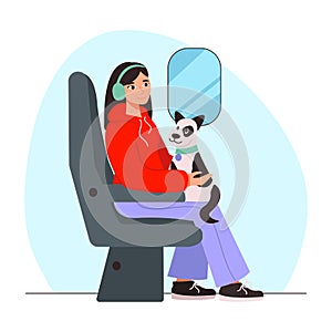 Woman in headphones with a dog sits in a plane or train. Traveling.