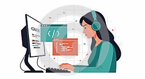 Female Programmer Coding on Computer - Vector Illustration
