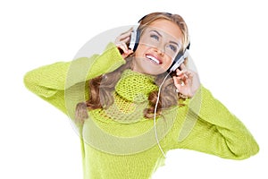 Woman with headphones listen to music