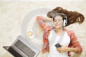 Woman in Headphones Listening to Music, Girl with Mobile Phone