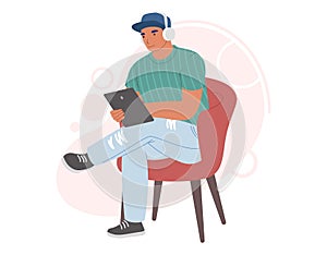Woman in headphones listening to music, online radio, podcast, audiobook on tablet computer, vector illustration.