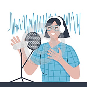 Woman with headphones and a microphone. Female podcaster making audio podcast from her home studio. Vector illustration