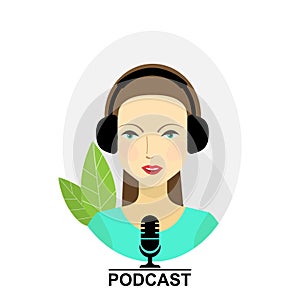 Woman with headphones and microphone. Podcast vector