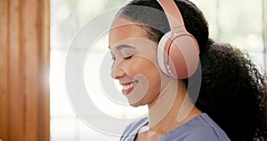 Woman, headphones and smile for podcast, nurse and positive mindset for song, audio and playlist. Happy female person