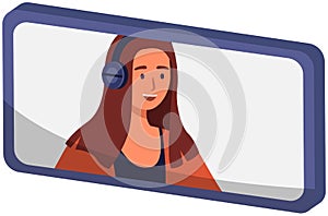 Woman with headphones talking and recording online podcast with microphone. Interview, podcast