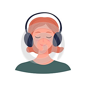 Woman with headphones. Young smiling woman listening to music peacefully with her eyes closed. Vector illustration.