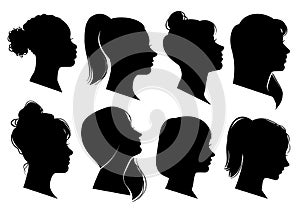 Woman heads in profile. Beautiful female faces profiles, black silhouette outline avatars, anonymous portraits with