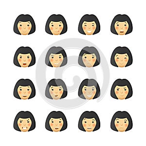 Woman heads with rosy cheeks. Vector avatars and emoticons set.