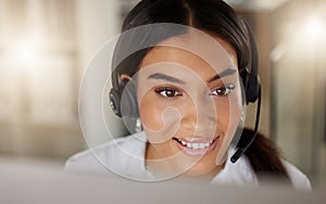 Woman, headset and call center with smile for customer service, contact and help or crm in office. Agent, technical