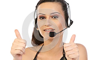 Woman with headset in challenge expression