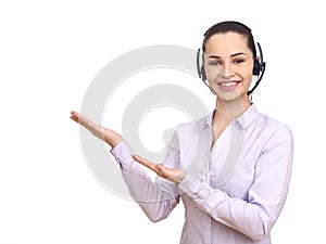 Woman with headset gesturing with hands