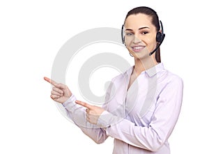 Woman with headset gesturing with hands