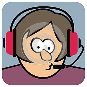 Woman with headset, humorous vector illustration