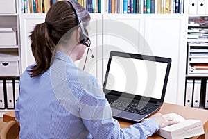 Woman headset laptop book copyspace