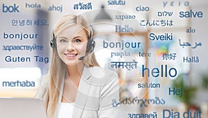 Woman in headset over words in foreign languages