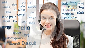 Woman in headset over words in foreign languages