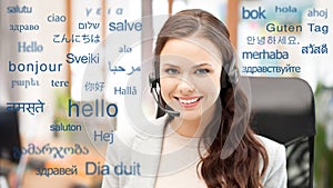Woman in headset over words in foreign languages photo