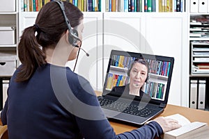 Woman headset video call lawyer