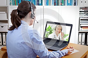 Woman headset video consultation doctor