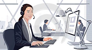 Woman with headset working at computer in office setting