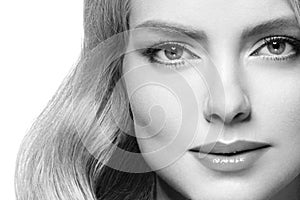 Woman headshot face blonde portrait closeup black and white