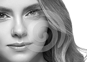 Woman headshot face blonde portrait closeup black and white