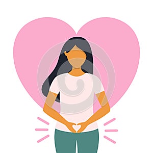 Woman health concept vector illustration isolated on white background. Standing woman with heart shaped hands in front of big