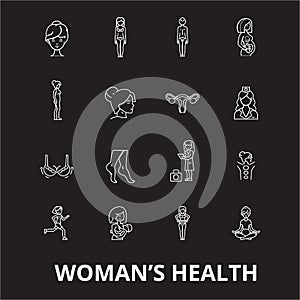 Woman health editable line icons vector set on black background. Woman health white outline illustrations, signs