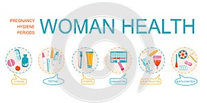 Woman health word vector infographic illustration with icons for gynecology,female treatment,baby planning,tools,pregnancy