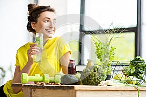 Woman with healthy food indoors