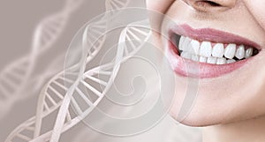 Woman with healthy teeth and smile among DNA chains