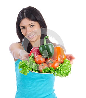 Woman with healthy vegetarian vegetables salad