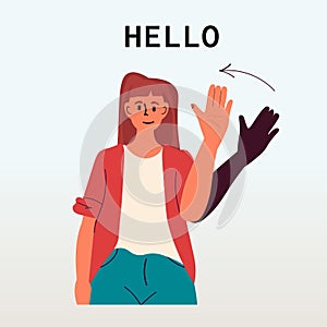 woman with hearing aid disabled girl using sign language showing hello gesture hearing disability concept