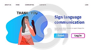 woman with hearing aid disabled girl using sign language showing thank you gesture hearing disability concept horizontal