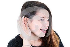 Woman with hearing loss hard of hearing open mouth